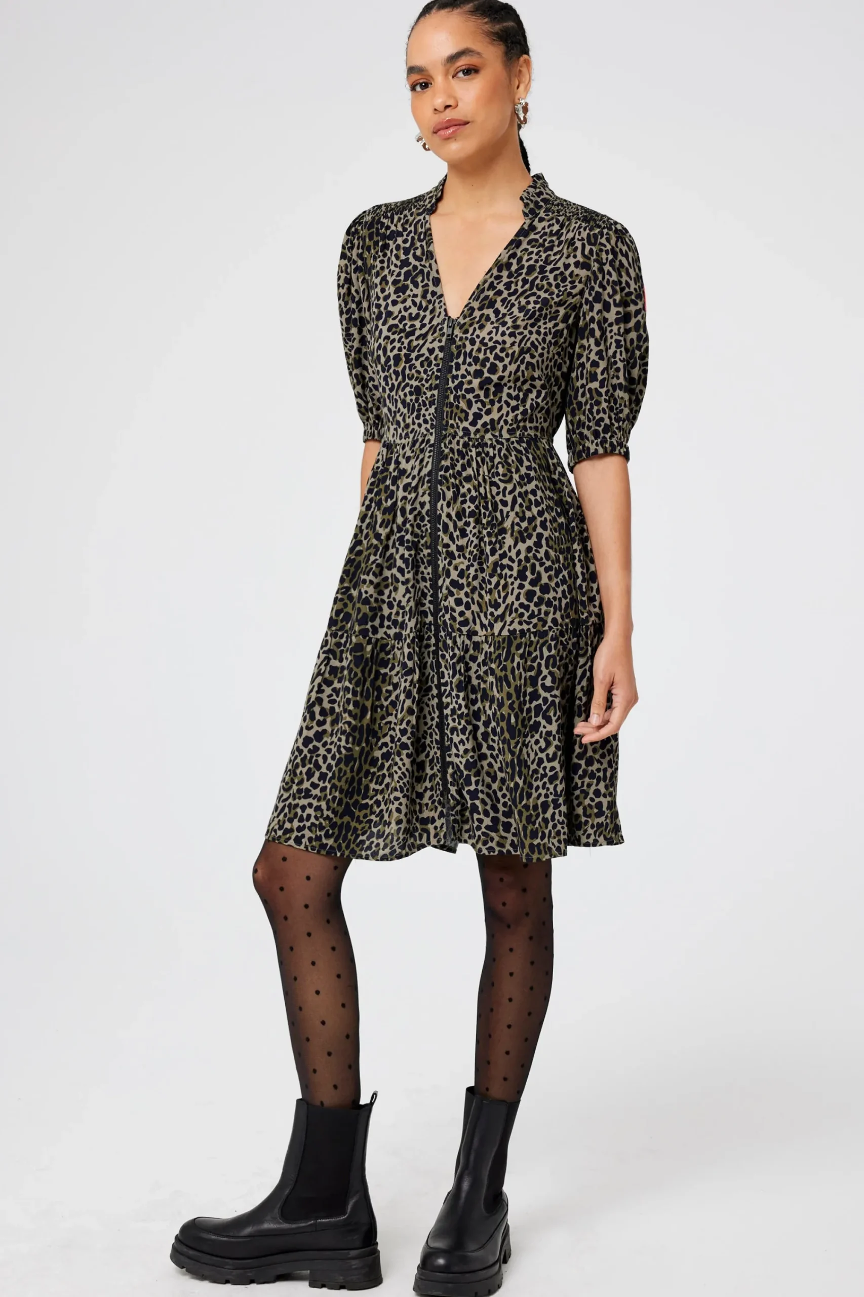 Women Scamp & Dude Khaki with Black Wild Leopard Zip Detail Tiered Short Dress