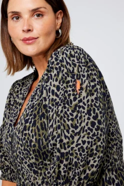 Women Scamp & Dude Khaki with Black Wild Leopard Zip Detail Tiered Midi Dress