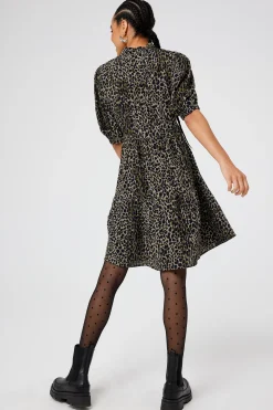 Women Scamp & Dude Khaki with Black Wild Leopard Zip Detail Tiered Short Dress