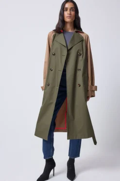 Women Scamp & Dude Khaki with Camel and Coral Colourblock Trench Coat