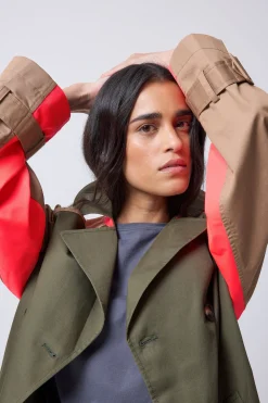 Women Scamp & Dude Khaki with Camel and Coral Colourblock Trench Coat