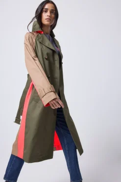 Women Scamp & Dude Khaki with Camel and Coral Colourblock Trench Coat