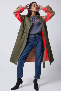 Women Scamp & Dude Khaki with Camel and Coral Colourblock Trench Coat