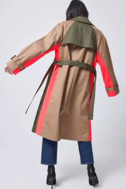 Women Scamp & Dude Khaki with Camel and Coral Colourblock Trench Coat