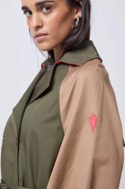 Women Scamp & Dude Khaki with Camel and Coral Colourblock Trench Coat