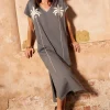 Women Scamp & Dude Khaki with Embroidered Palm Trees V-Neck Midi T-Shirt Dress