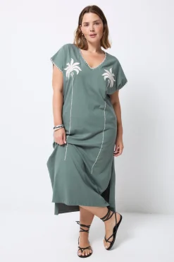 Women Scamp & Dude Khaki with Embroidered Palm Trees V-Neck Midi T-Shirt Dress