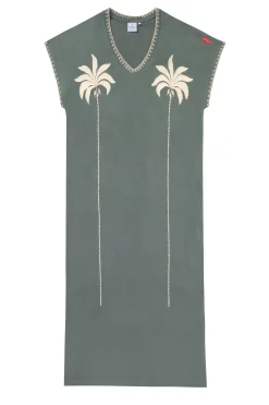 Women Scamp & Dude Khaki with Embroidered Palm Trees V-Neck Midi T-Shirt Dress