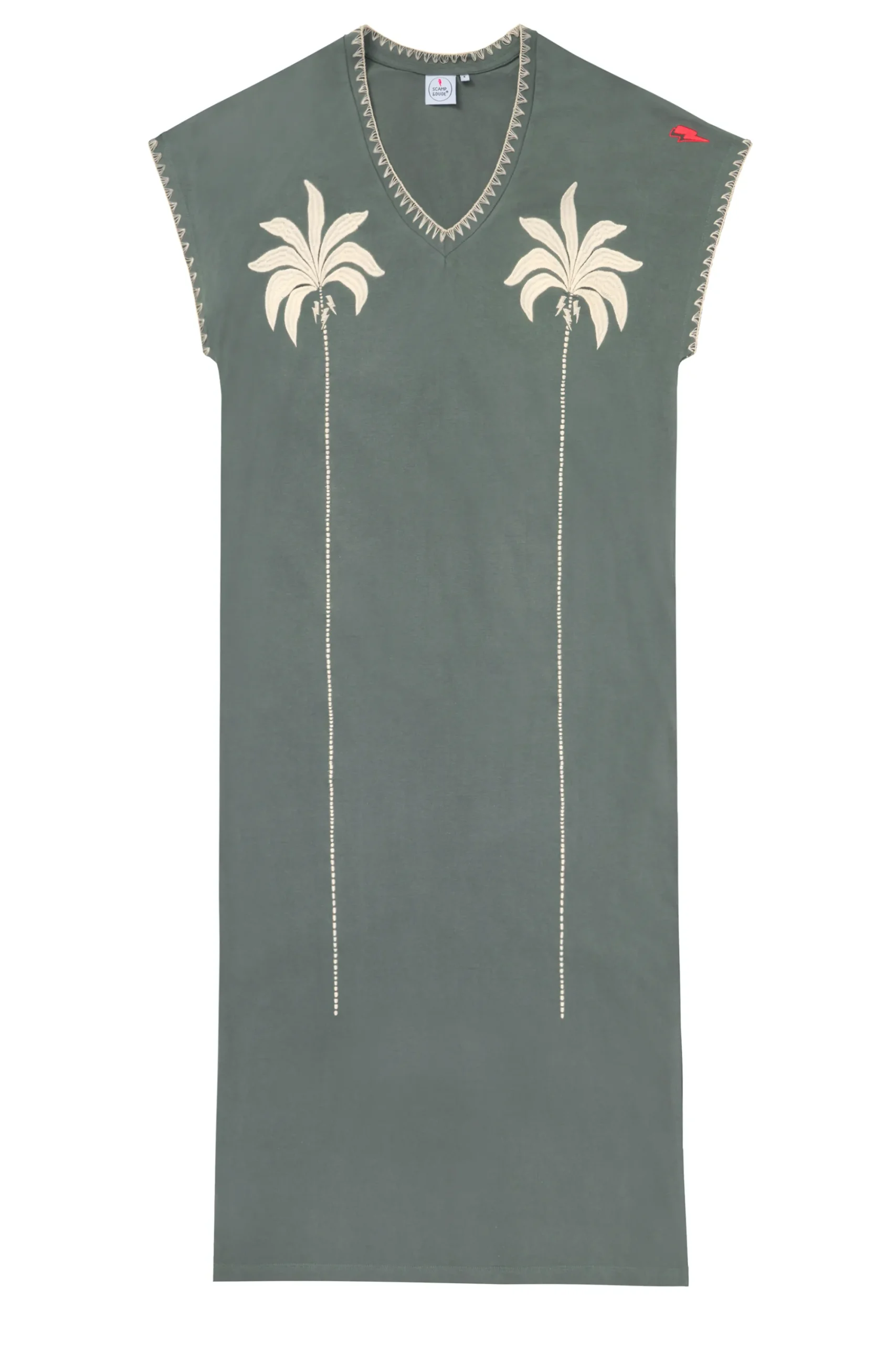 Women Scamp & Dude Khaki with Embroidered Palm Trees V-Neck Midi T-Shirt Dress