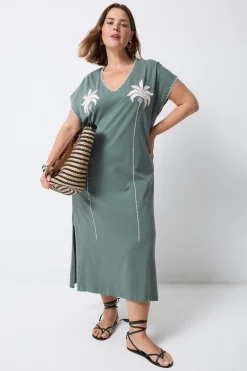 Women Scamp & Dude Khaki with Embroidered Palm Trees V-Neck Midi T-Shirt Dress