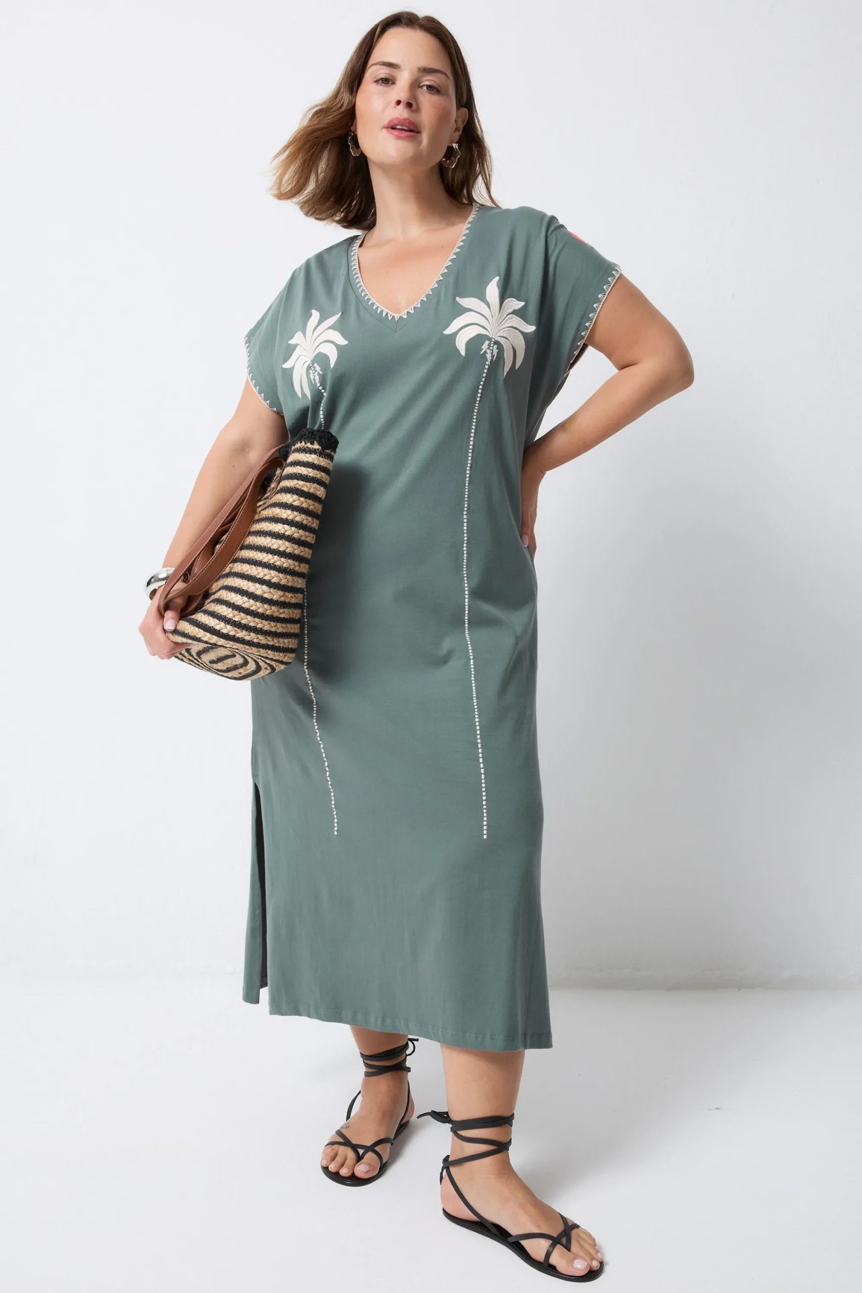 Women Scamp & Dude Khaki with Embroidered Palm Trees V-Neck Midi T-Shirt Dress