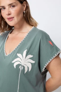 Women Scamp & Dude Khaki with Embroidered Palm Trees V-Neck Midi T-Shirt Dress