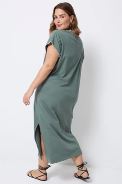 Women Scamp & Dude Khaki with Embroidered Palm Trees V-Neck Midi T-Shirt Dress