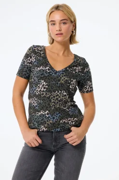 Women Scamp & Dude Khaki with Green Camo Layered Leopard V-Neck T-Shirt