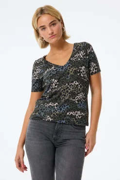 Women Scamp & Dude Khaki with Green Camo Layered Leopard V-Neck T-Shirt