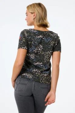 Women Scamp & Dude Khaki with Green Camo Layered Leopard V-Neck T-Shirt