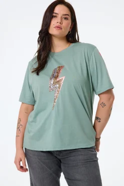 Women Scamp & Dude Khaki with Multi Coloured Sequin and Foil Lightning Bolt T-Shirt