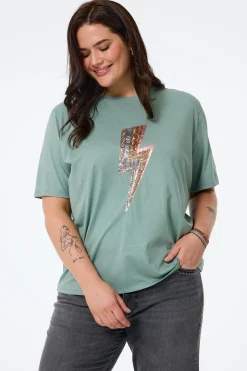 Women Scamp & Dude Khaki with Multi Coloured Sequin and Foil Lightning Bolt T-Shirt