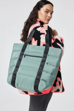 Women Scamp & Dude Khaki with Neon Coral Puffer Tote Bag