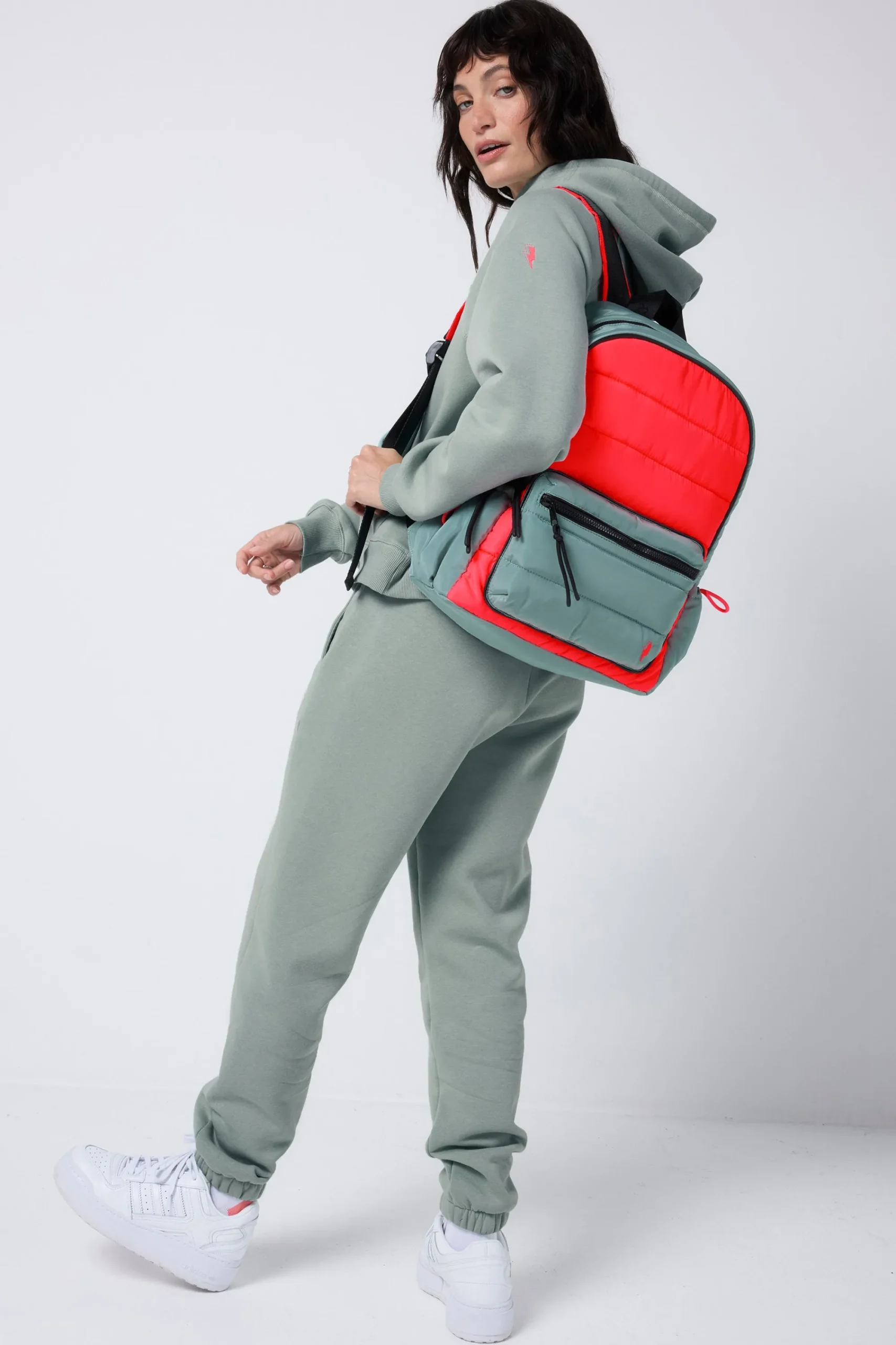 Women Scamp & Dude Khaki with Neon Coral Puffer Backpack