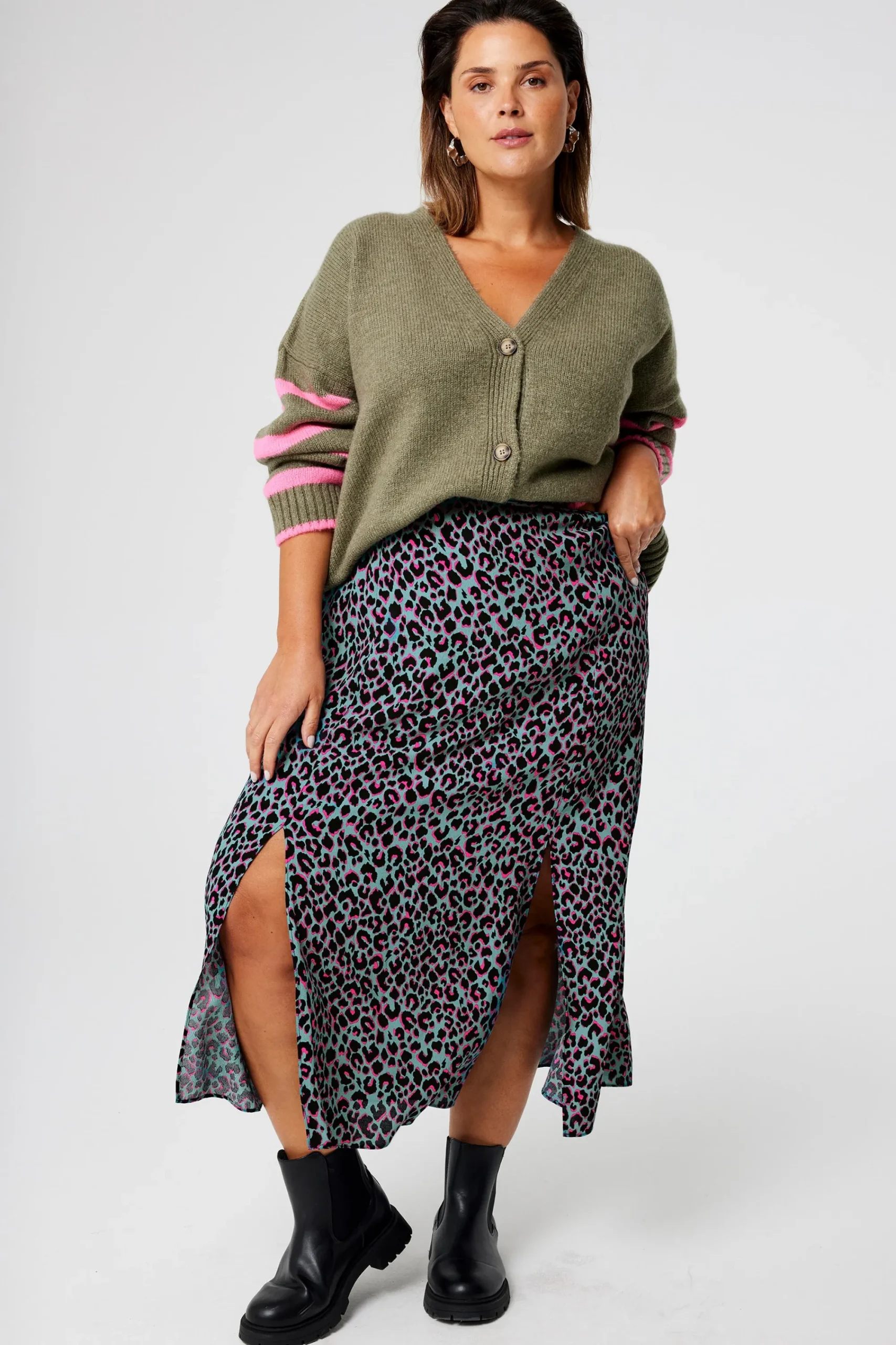 Women Scamp & Dude Khaki with Pink and Black Small Shadow Leopard Split Front Skirt