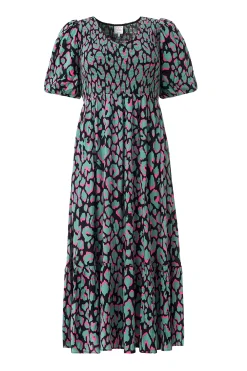 Women Scamp & Dude Khaki with Pink and Black Mega Leopard Shirred Puff Sleeve Midi Dress