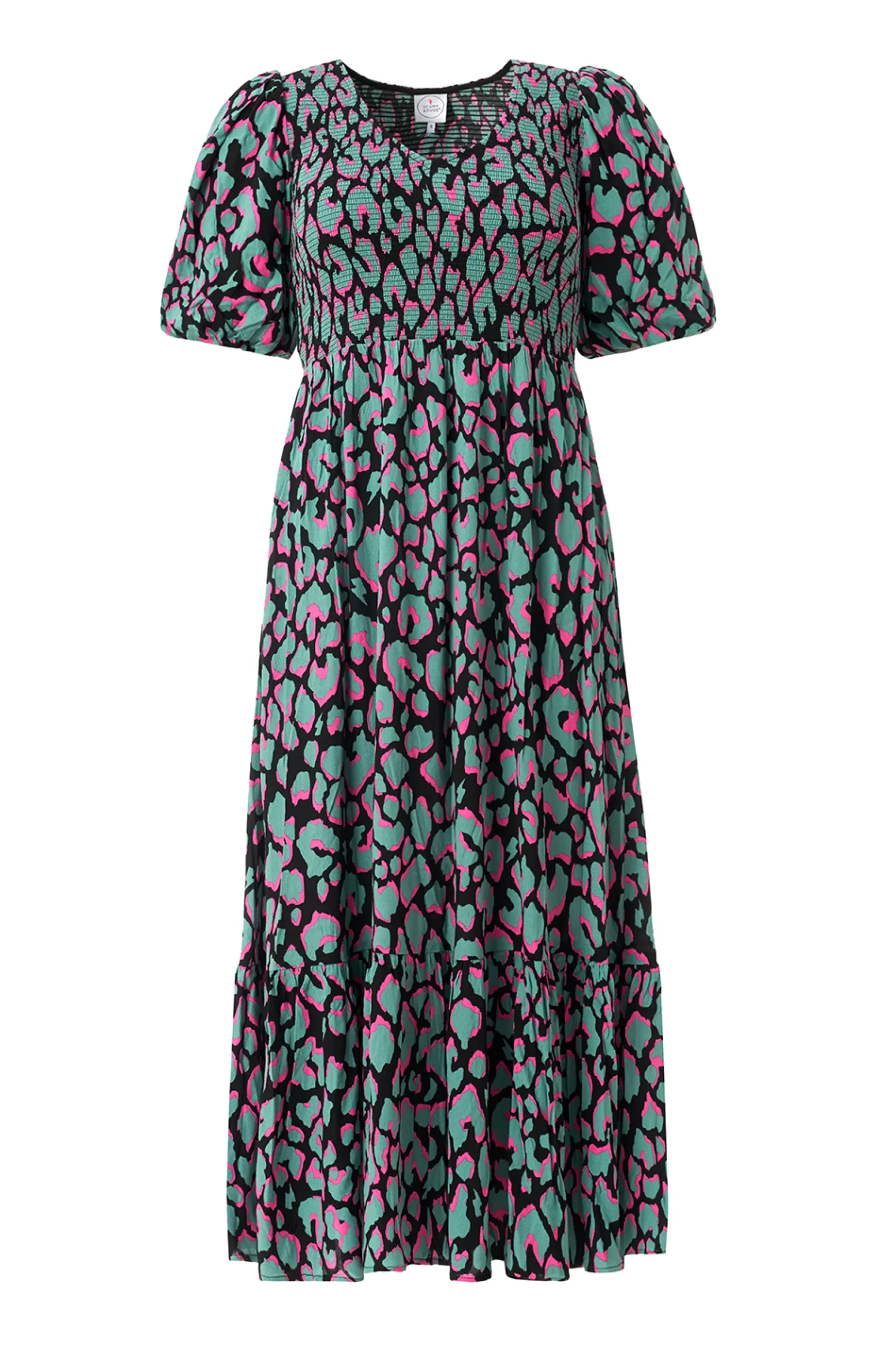 Women Scamp & Dude Khaki with Pink and Black Mega Leopard Shirred Puff Sleeve Midi Dress
