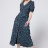 Women Scamp & Dude Khaki with Pink and Black Small Shadow Leopard Flute Sleeve Midi Tea Dress