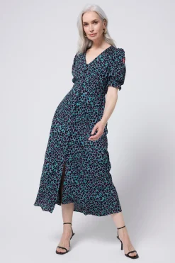 Women Scamp & Dude Khaki with Pink and Black Small Shadow Leopard Flute Sleeve Midi Tea Dress