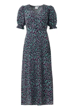 Women Scamp & Dude Khaki with Pink and Black Small Shadow Leopard Flute Sleeve Midi Tea Dress