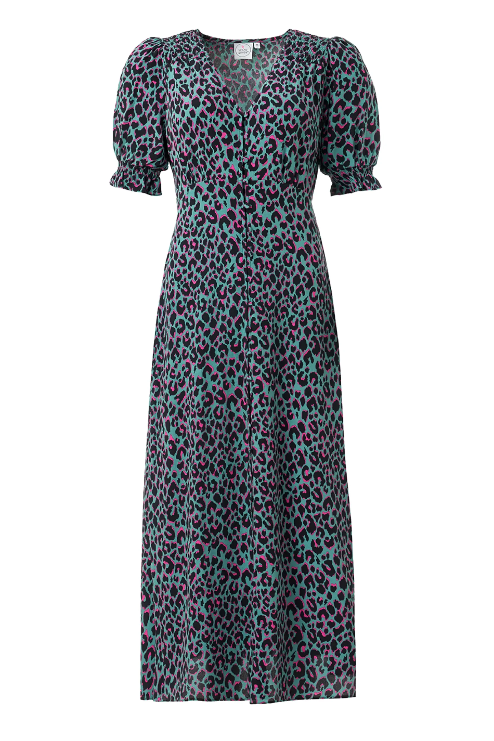 Women Scamp & Dude Khaki with Pink and Black Small Shadow Leopard Flute Sleeve Midi Tea Dress