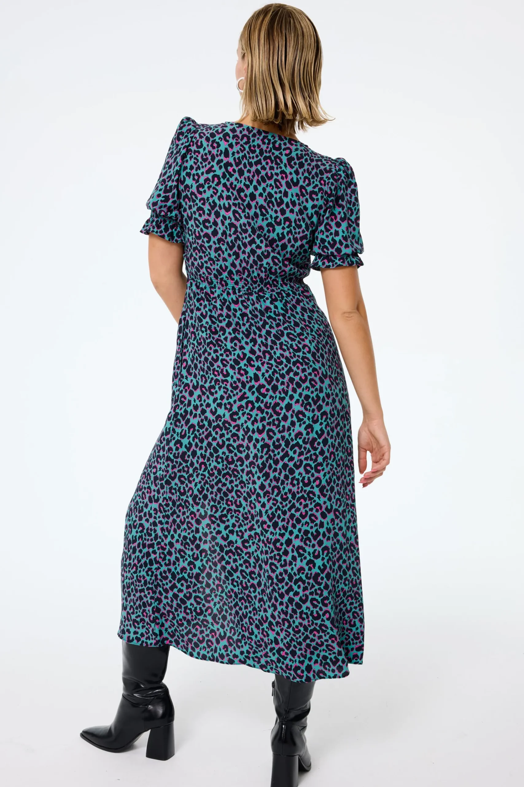 Women Scamp & Dude Khaki with Pink and Black Small Shadow Leopard Flute Sleeve Midi Tea Dress