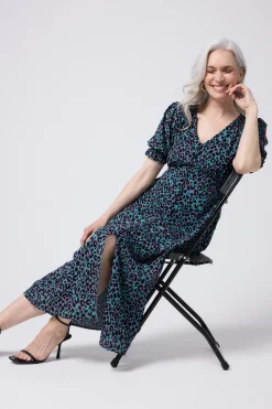 Women Scamp & Dude Khaki with Pink and Black Small Shadow Leopard Flute Sleeve Midi Tea Dress