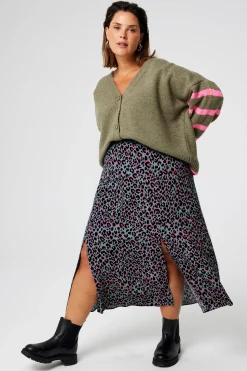 Women Scamp & Dude Khaki with Pink and Black Small Shadow Leopard Split Front Skirt