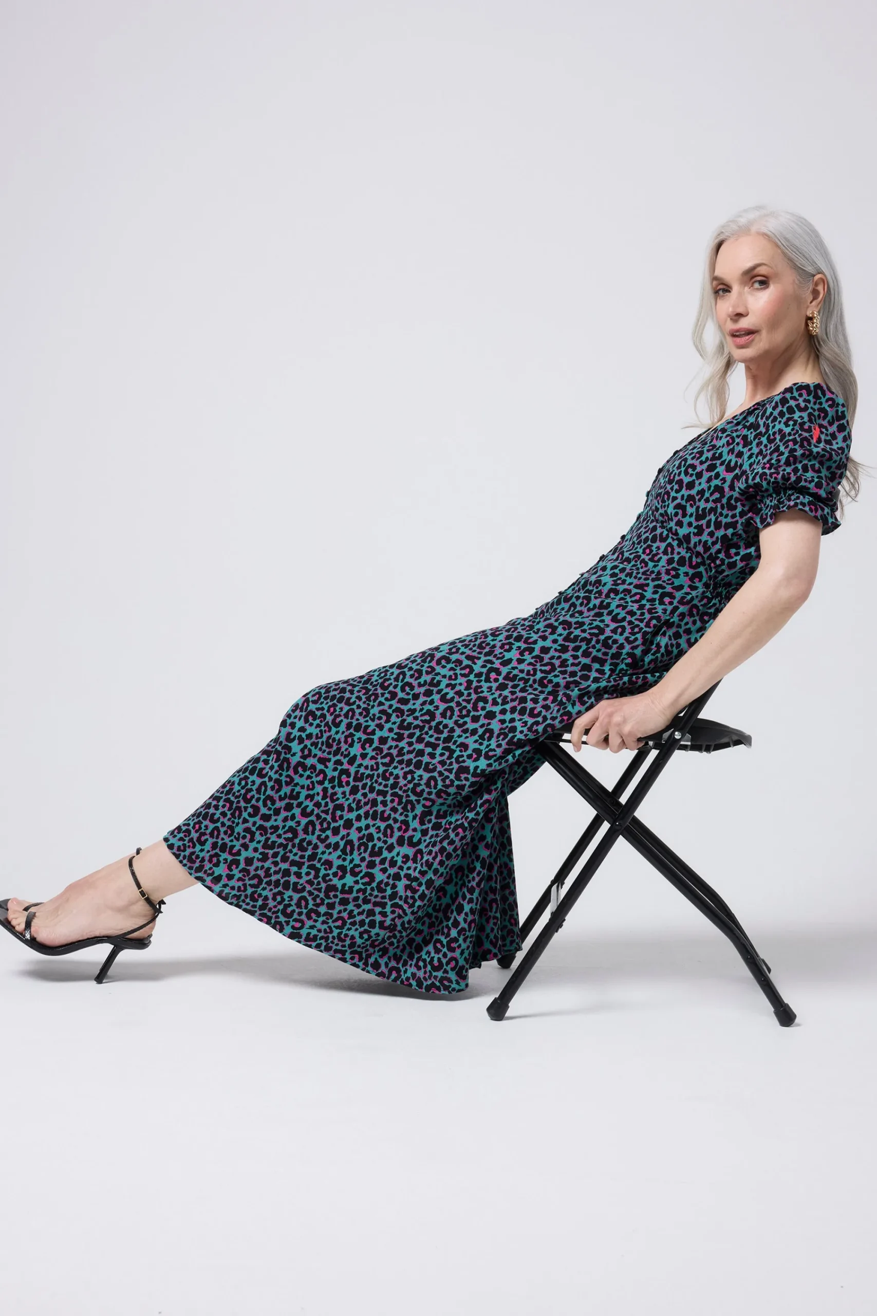 Women Scamp & Dude Khaki with Pink and Black Small Shadow Leopard Flute Sleeve Midi Tea Dress