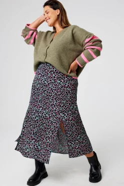 Women Scamp & Dude Khaki with Pink and Black Small Shadow Leopard Split Front Skirt