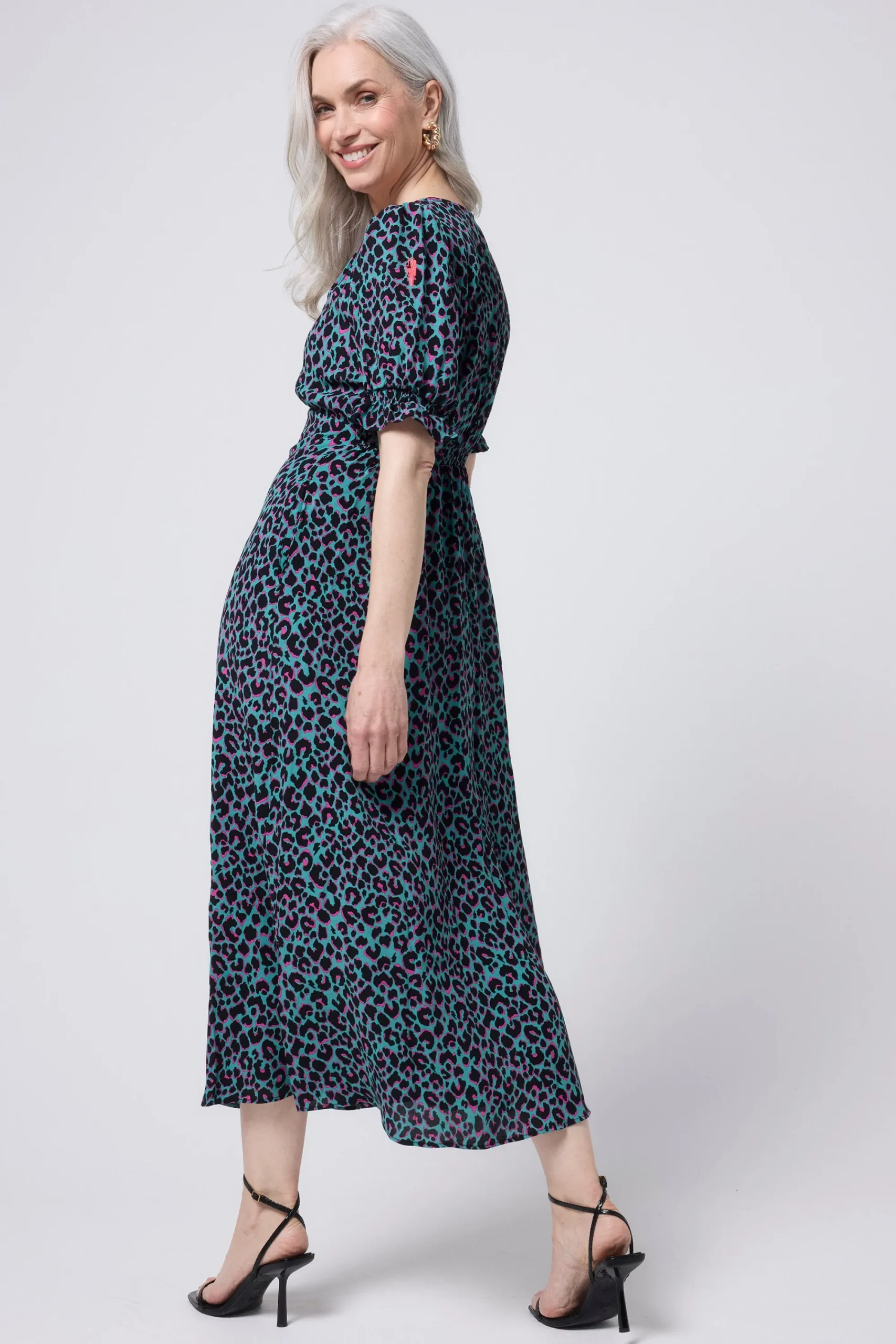 Women Scamp & Dude Khaki with Pink and Black Small Shadow Leopard Flute Sleeve Midi Tea Dress