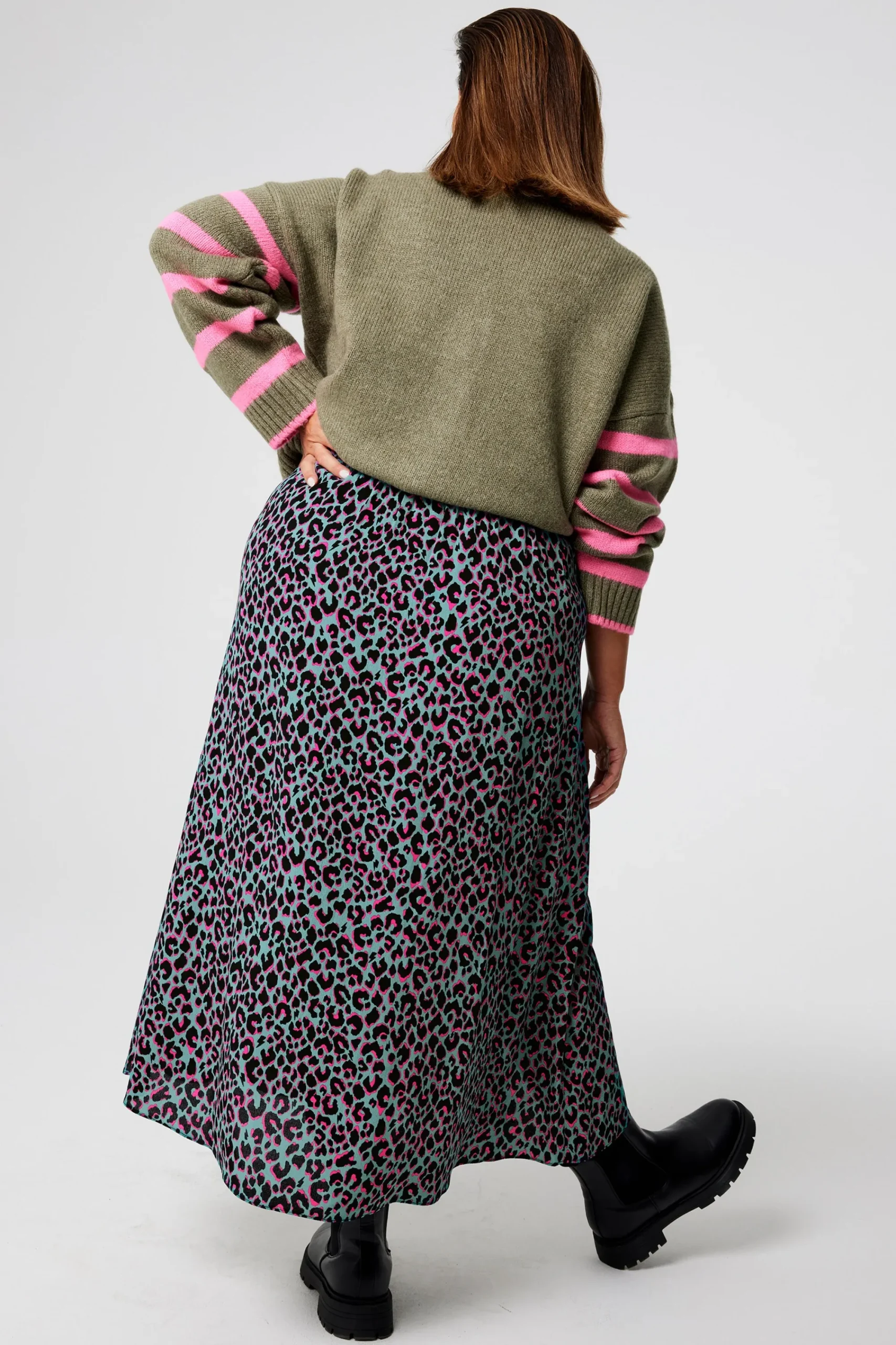 Women Scamp & Dude Khaki with Pink and Black Small Shadow Leopard Split Front Skirt