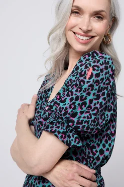 Women Scamp & Dude Khaki with Pink and Black Small Shadow Leopard Flute Sleeve Midi Tea Dress