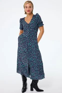 Women Scamp & Dude Khaki with Pink and Black Small Shadow Leopard Flute Sleeve Midi Tea Dress