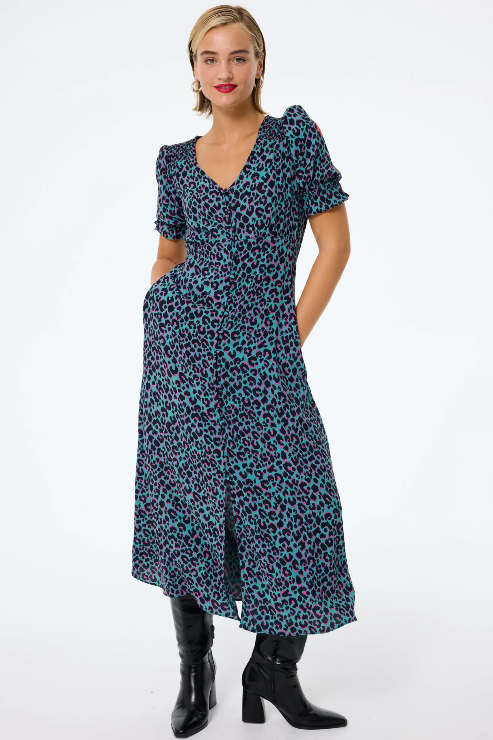 Women Scamp & Dude Khaki with Pink and Black Small Shadow Leopard Flute Sleeve Midi Tea Dress