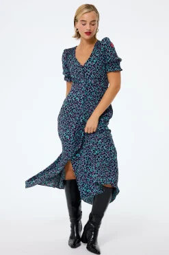 Women Scamp & Dude Khaki with Pink and Black Small Shadow Leopard Flute Sleeve Midi Tea Dress