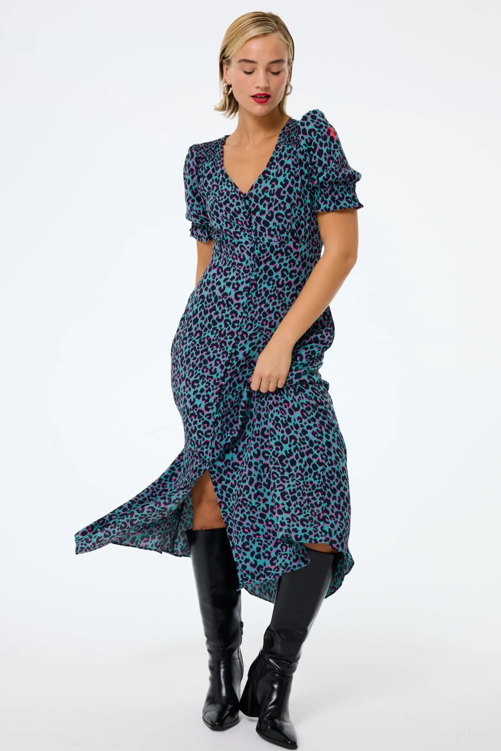 Women Scamp & Dude Khaki with Pink and Black Small Shadow Leopard Flute Sleeve Midi Tea Dress