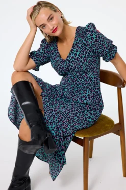 Women Scamp & Dude Khaki with Pink and Black Small Shadow Leopard Flute Sleeve Midi Tea Dress