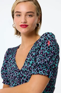 Women Scamp & Dude Khaki with Pink and Black Small Shadow Leopard Flute Sleeve Midi Tea Dress