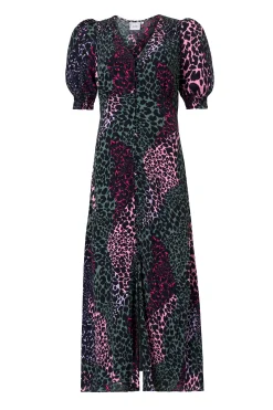 Women Scamp & Dude Khaki with Pink Spliced Leopard Flute Sleeve Midi Tea Dress