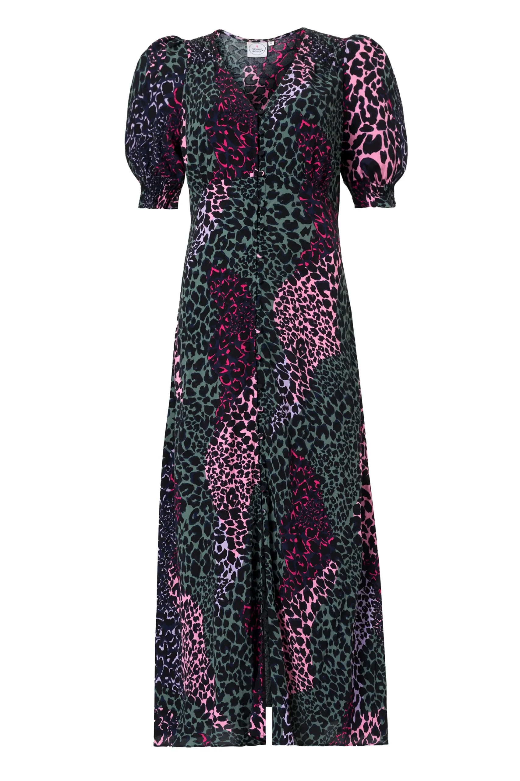 Women Scamp & Dude Khaki with Pink Spliced Leopard Flute Sleeve Midi Tea Dress