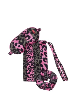 Women Scamp & Dude Khaki with Pink Stripe Leopard Scrunchie and Eye Mask Set