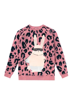 Women Scamp & Dude Kids Coral with Black Leopard Bunny Graphic Classic Sweatshirt