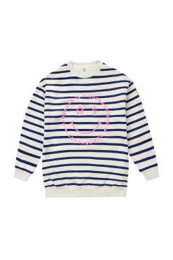 Women Scamp & Dude Kids Ivory with Bright Blue Stripe and Smiley Slogan Oversized Sweatshirt